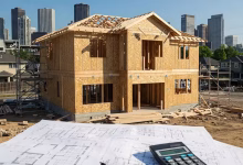 Nowoczesny dom jednorodzinny w trakcie budowy, z widocznym planem architektonicznym i kalkulatorem na pierwszym planie. W tle krajobraz miejski lub podmiejski.